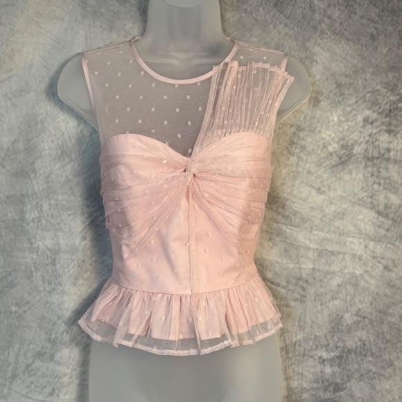 Express Pink Polka Dot Mesh Peplum Top Sz S Coquette Fairycore corset style Twee - Picture 1 of 8